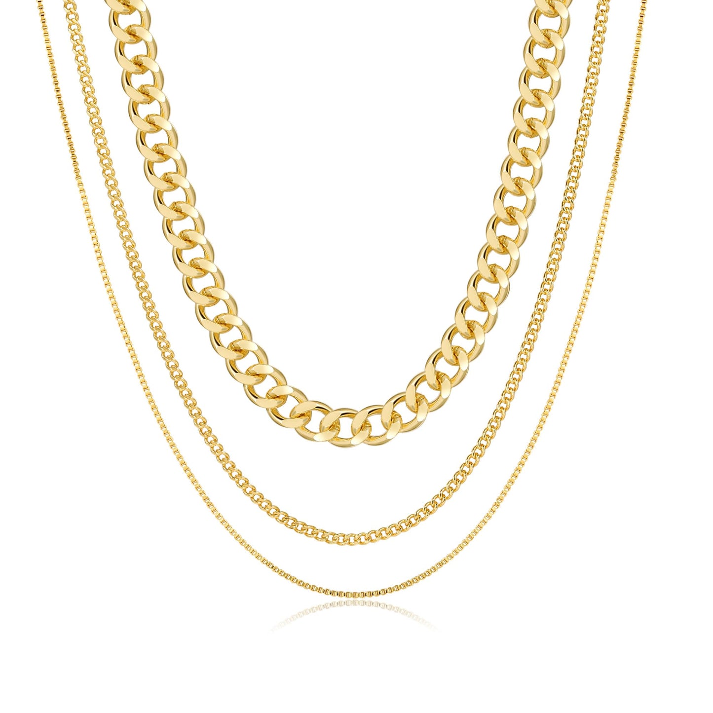 3PCS Gold Necklaces for Women,Chunky Statement Gold Plated Necklace Stack Layered Sterling Silver Herringbone Chains for Women Dainty Trendy Silver Chains Stacked Jewelry Gifts
