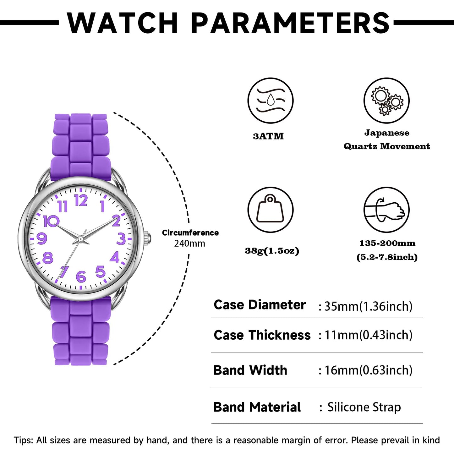 Bisley 35MM Watches for Women Big Face Easy Reader Silicone Strap Water Proof