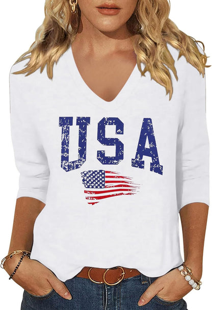 Womens V Neck Flowers Shirts Boho Floral Printed T-Shirt Vintage Graphic Tee Summer Casual Cute 3/4 Sleeve Tops
