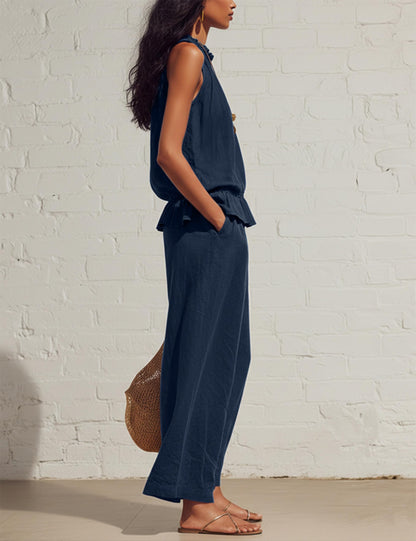 Tanming Women's Linen 2 Piece Outfits Sleeveless Ruffle Top Wide Leg Pants Summer Loungewear Beach Travel Sets