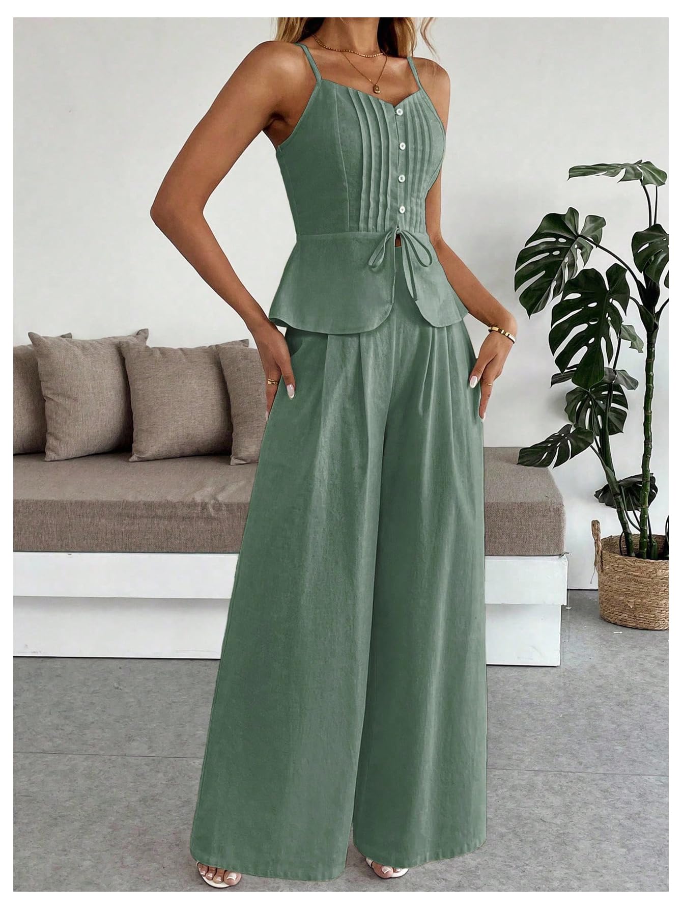 SOLY HUX Women's 2 Piece Summer Outfit Button Down Peplum Cami Top and Wide Leg Pants Set