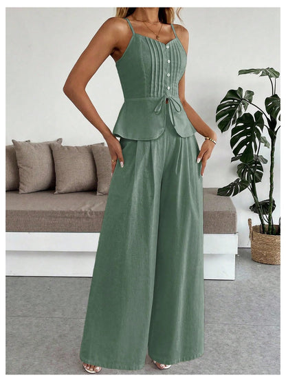 SOLY HUX Women's 2 Piece Summer Outfit Button Down Peplum Cami Top and Wide Leg Pants Set