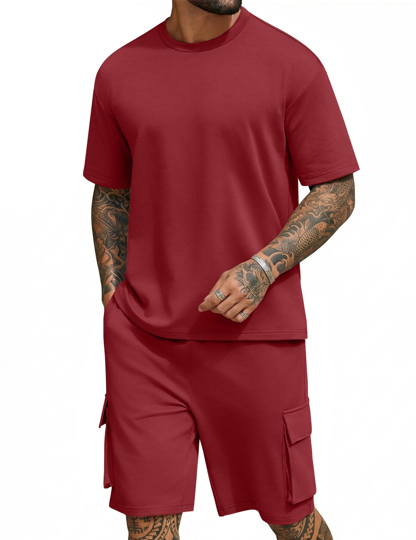 COOFANDY Men's Shirt and Shorts Set 2 Piece Fashion Summer Tracksuits Cotton Oversized T-Shirts Cargo Shorts Outfits