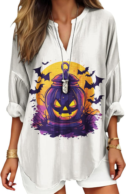 Womens Bohemian Print Tunic Top Cotton Blend V Neck Long Sleeve Loose Fit Casual Blouse for Summer Beach Vacation