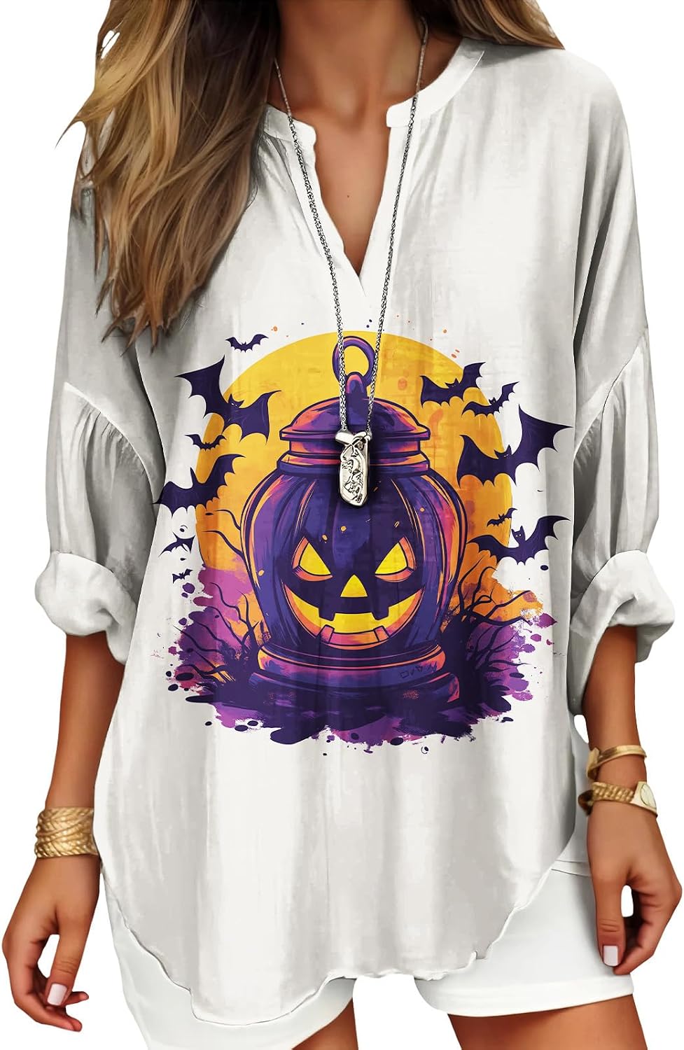 Womens Bohemian Print Tunic Top Cotton Blend V Neck Long Sleeve Loose Fit Casual Blouse for Summer Beach Vacation