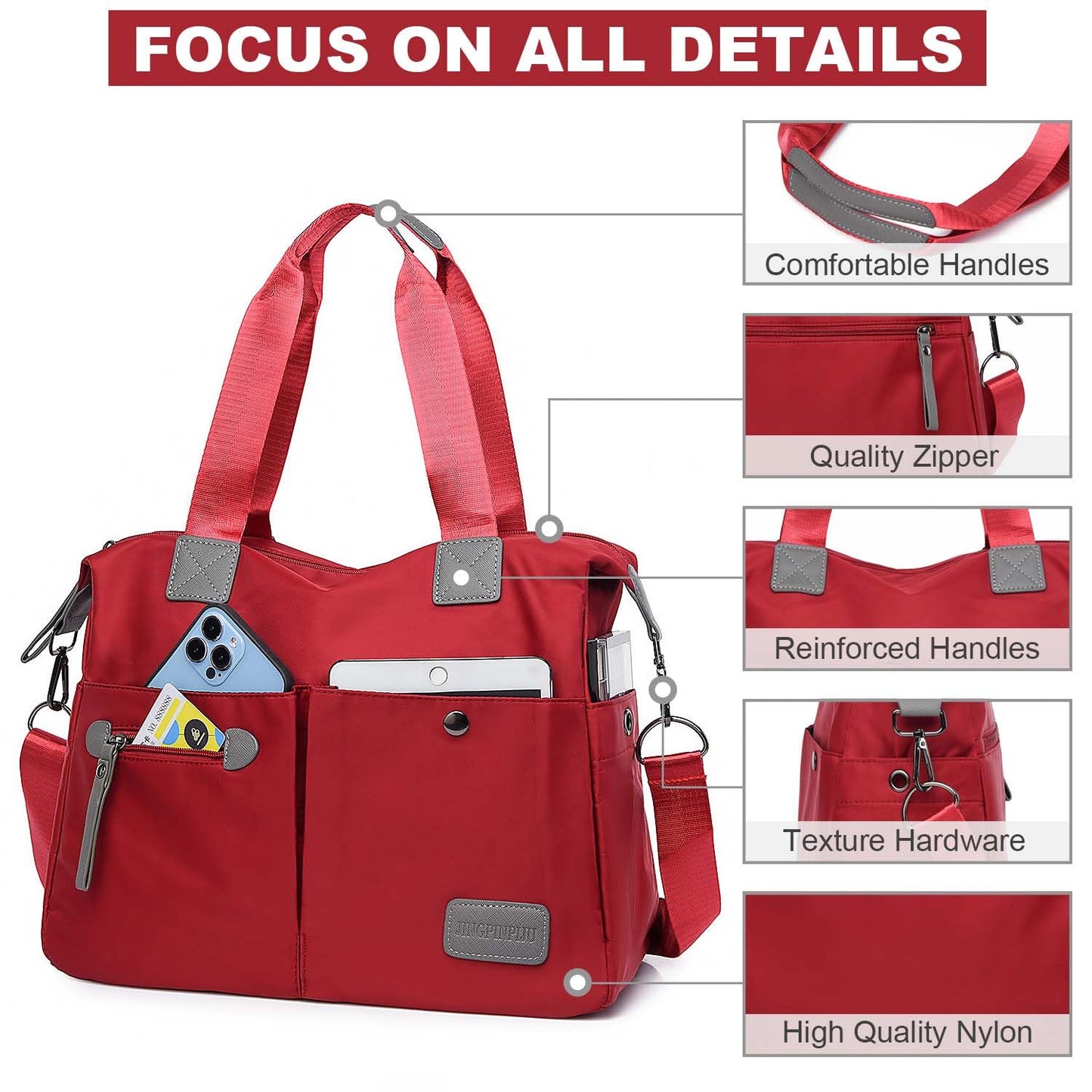 Tote Bag for Women,Multi Pockets Shoulder Handbag,Nurse Bag for Work,Large Cross body Purse,Fashion Nylon Top Handle Satchel