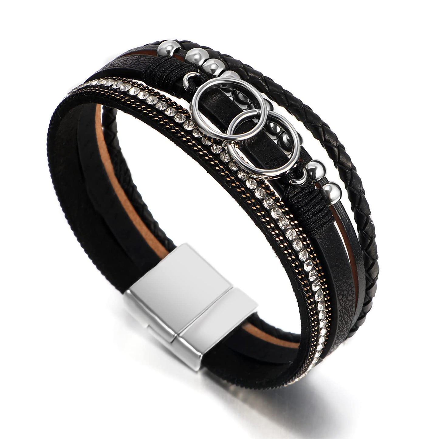 Fesciory Leopard Bracelet for Women, Boho Leather Wrap Multi-Layer Pearl Crystal Bracelet Bangle Jewelry