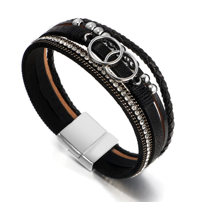 Fesciory Leopard Bracelet for Women, Boho Leather Wrap Multi-Layer Pearl Crystal Bracelet Bangle Jewelry