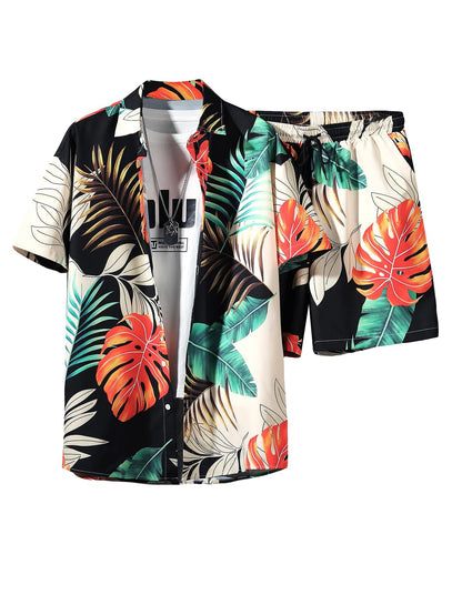 GORGLITTER Men's Vacation Beach Cruise Summer Outfits 2 Piece Shorts Set Hawaiian Button Down Shirt and Shorts