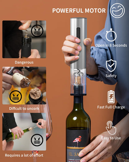 CIRCLE JOY Electric Wine Opener Rechargeable 5-in-1 Stainless Steel Wine Gift Set with Foil Cutter, Wine Aerator Pourer, Wine Drip Ring & Vacuum Stopper, Ideal Gifts for Wine Lovers, Silver