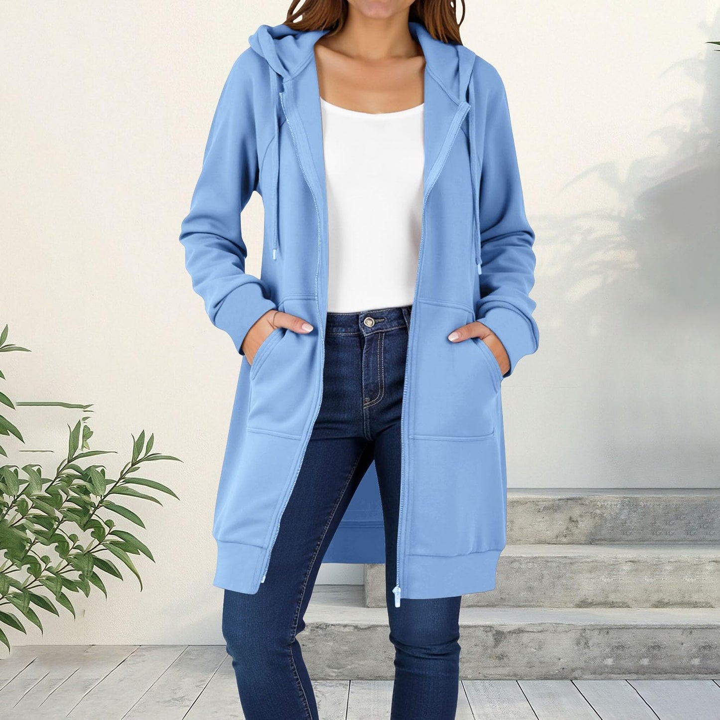 Womens Long Zip Up Hoodie Jacket Casual Open Front Tunic Sweatshirt with Pockets Fleece Lightweight Fall Winter Coat