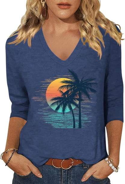 Womens V Neck Flowers Shirts Boho Floral Printed T-Shirt Vintage Graphic Tee Summer Casual Cute 3/4 Sleeve Tops