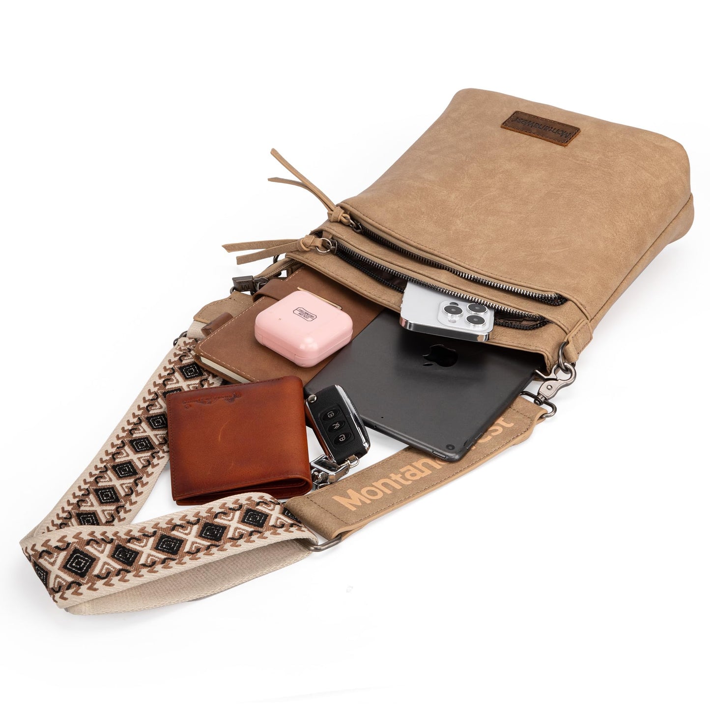 Montana West Multi Zip Pocket Crossbody Bag With Guitar Strap