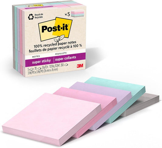 Post-it 100% Recycled Super Sticky Notes, 3 x 3 in, Pastels, 5 Pads | School Supplies and Office Products, 2X the Sticking Power