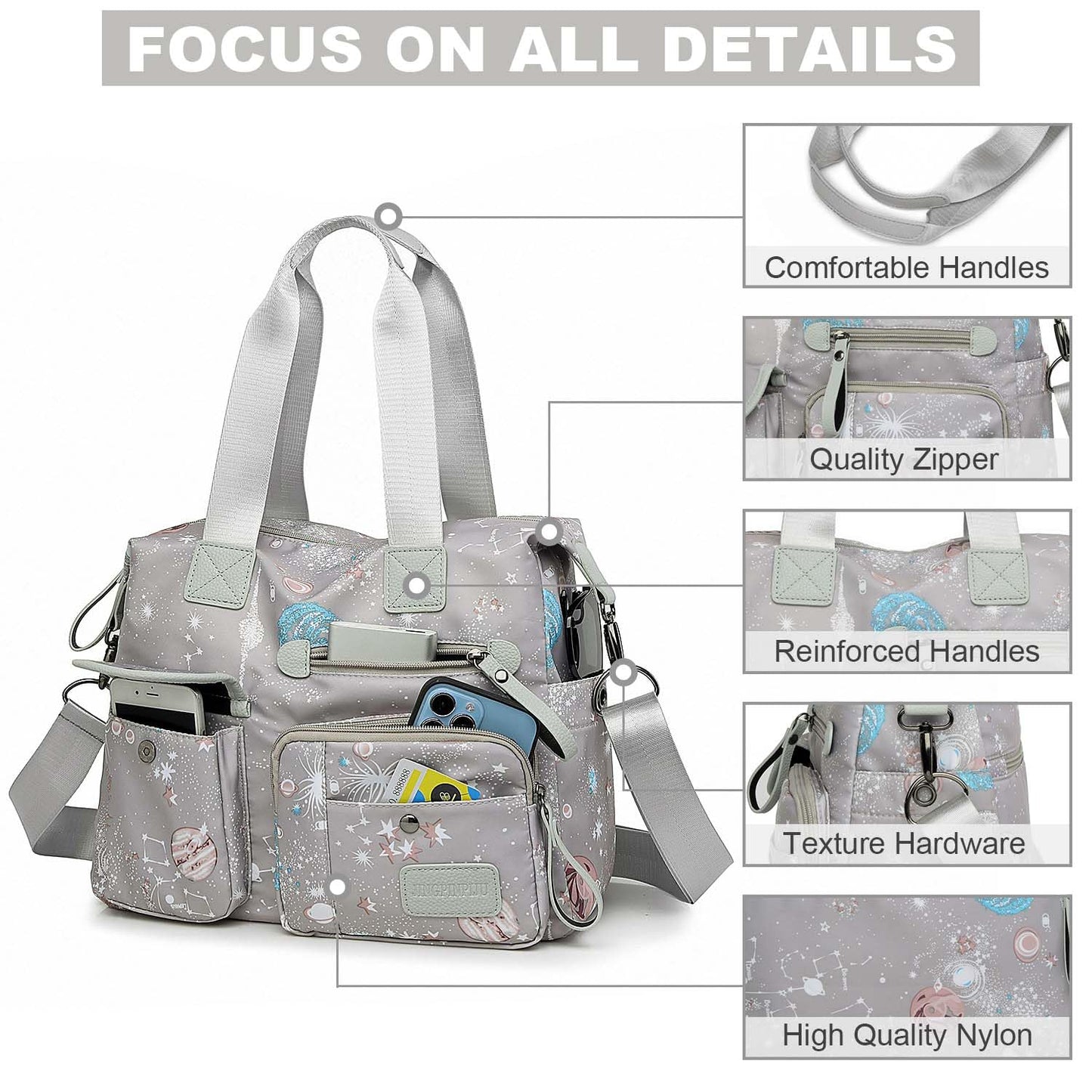 Tote Bag for Women,Multi Pockets Shoulder Handbag,Nurse Bag for Work,Large Cross body Purse,Fashion Nylon Top Handle Satchel