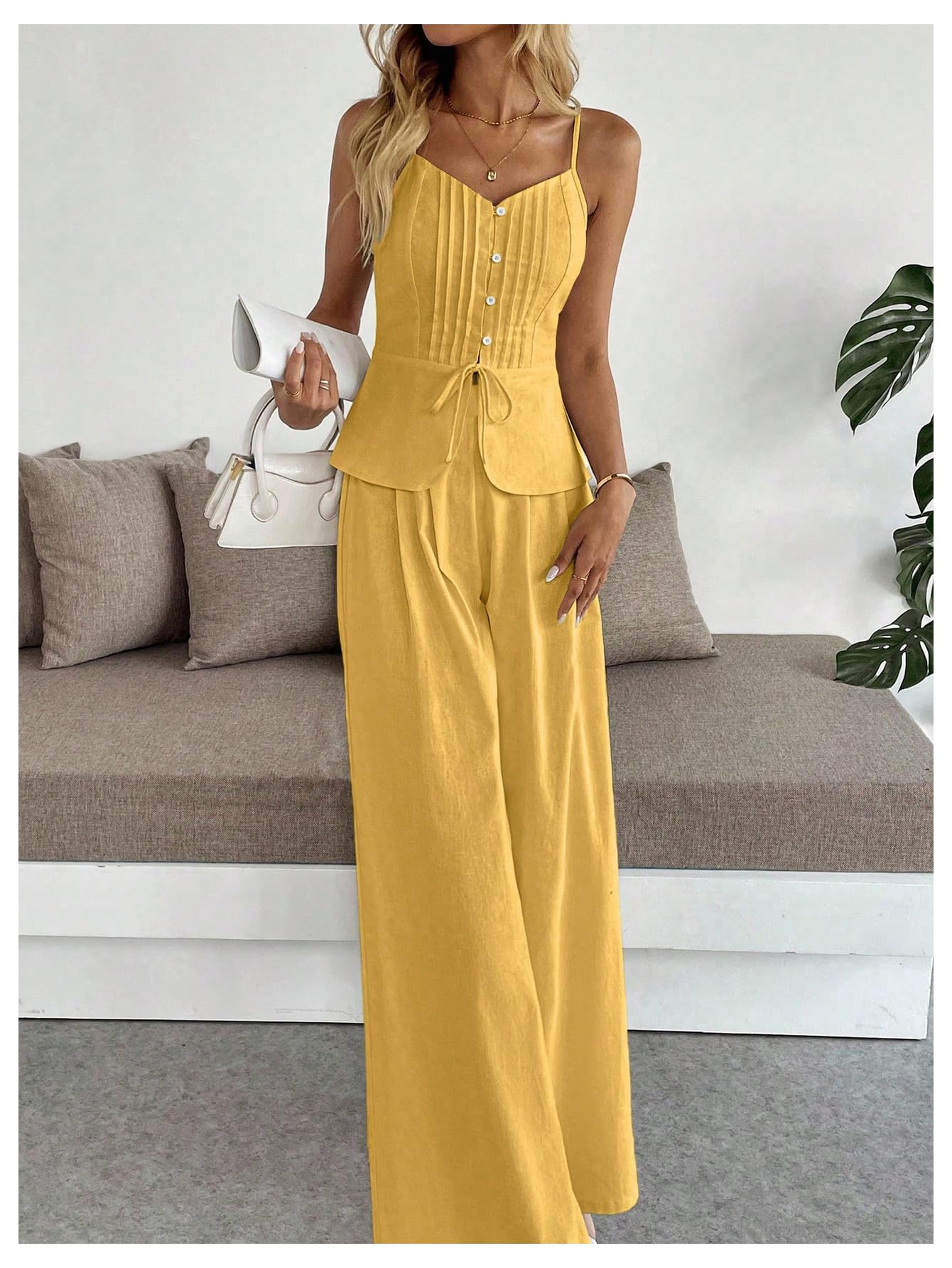 SOLY HUX Women's 2 Piece Summer Outfit Button Down Peplum Cami Top and Wide Leg Pants Set