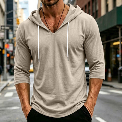 Mens Hooded 3/4 Sleeve Pullover Relaxed Fit Casual Lightweight Comfort Top