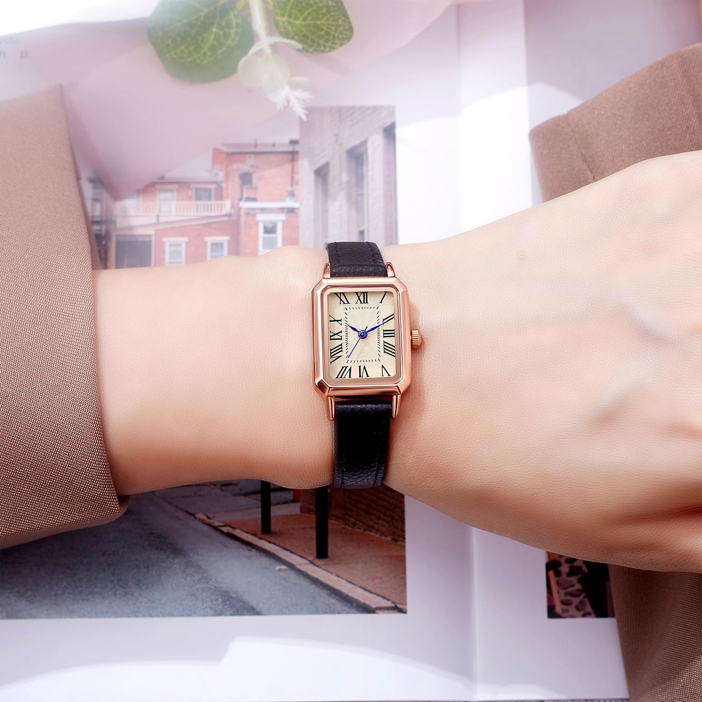 BESTKANG Leather Strap Watches for Women Elegant Dainty Ladies Watch Vintage Rectangle Women Quartz Wrist Watch