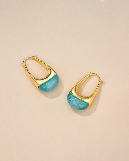 SNGIA Long Oval Chunky Dangle 18K Gold Plated Hoops with Colored Resin Gemstone Statement Earrings for Women, (Green, Brown, Light blue, Dark Blue), Bold Drop Handmade Exaggerated Irregular Trendy Bohemian Jewelry Gifts, Unique Dangling Teardrop Baroque S