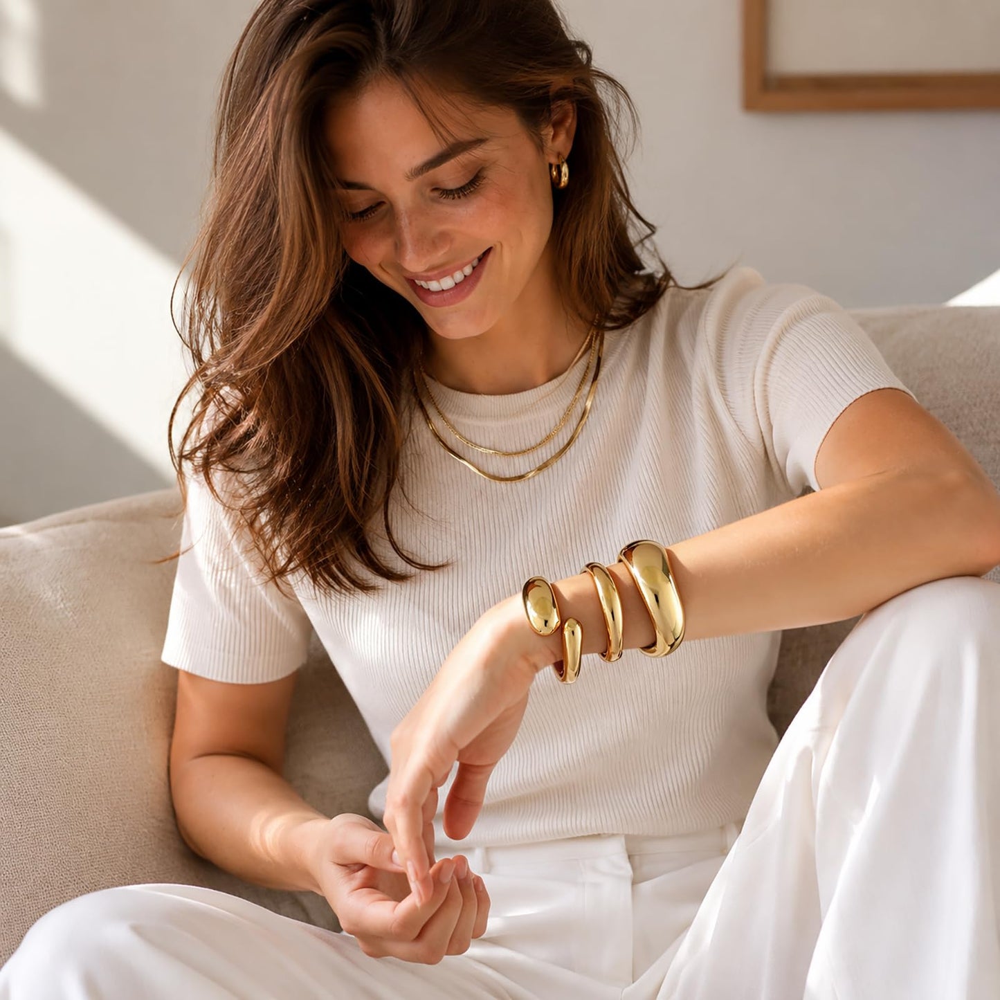 Chunky Gold Bangle Bracelets for Women Trendy 14K Gold Plated Cuff Bracelets Stack, Dainty Gold Bracelet Sets Non Tarnish Fashion Jewelry Gift