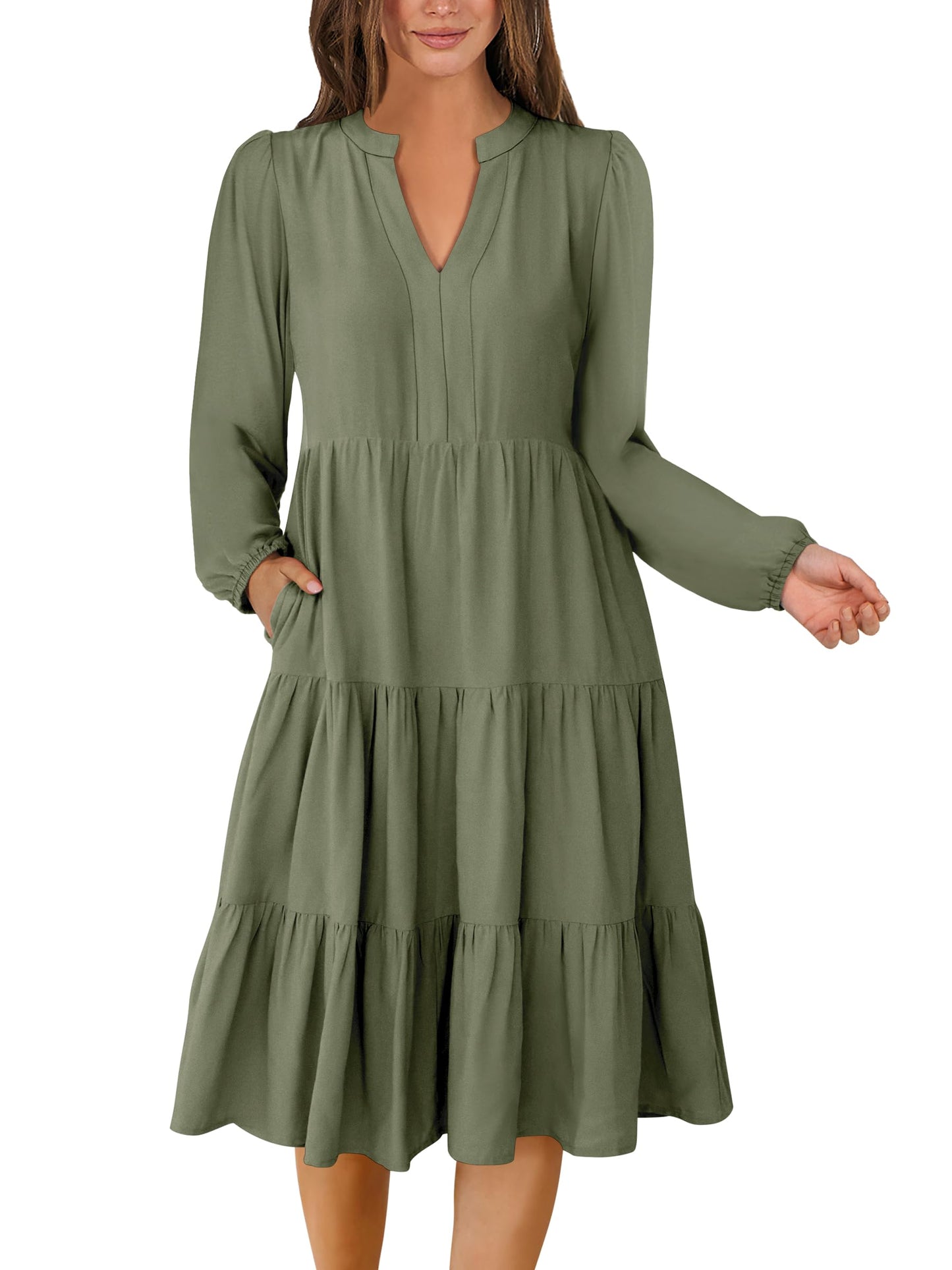 ANRABESS Womens V Neck Long Sleeve Midi Dress | Swing Flowy Tiered with Pockets, Soft Fabric, Boho Beach Vacation Dresses, Loose Fit Casual, Fall Winter Transition Clothes