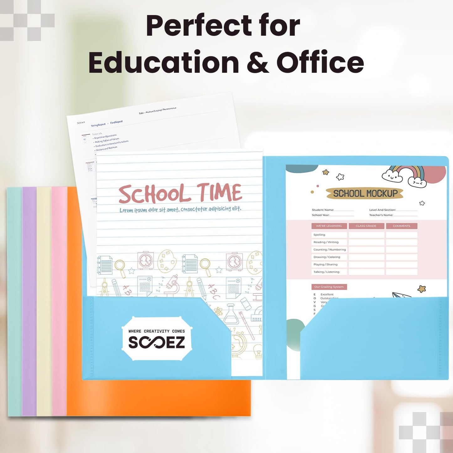 Sooez 6Pack Folders with Pockets, Pastels Colors, Heavy Duty Pocket Folder, Plastic Folders with Pockets, 2-Pocket Folder Bulk, Aesthetic File Folder, Back to School Office Filing Supplies