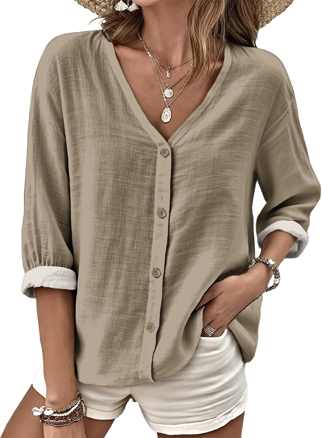 MARSVOVO V Neck Shirts for Women Lightweight Decorative Button 3/4 Sleeve Blouses Comfy Casual Business Flowy Top