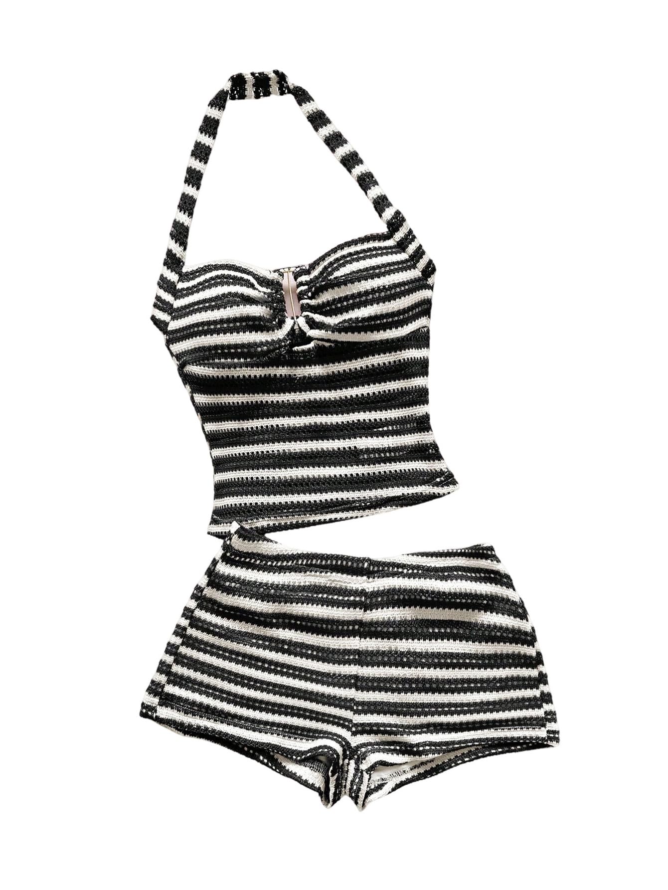 SOLY HUX Women's Summer 2 Piece Outfits Striped Crochet Halter Top Mini Shorts Set Beach Vacation Y2K Sets