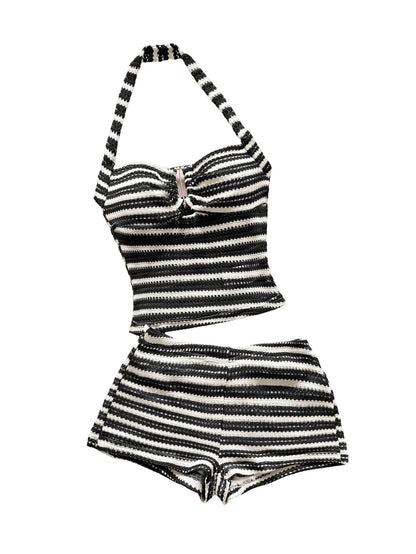 SOLY HUX Women's Summer 2 Piece Outfits Striped Crochet Halter Top Mini Shorts Set Beach Vacation Y2K Sets