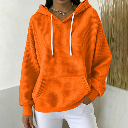 Women Casual Waffle Grid Textured Pullover Hoodie Contrast Drawstring Pocket Loose Long Sleeve Sweatshirts
