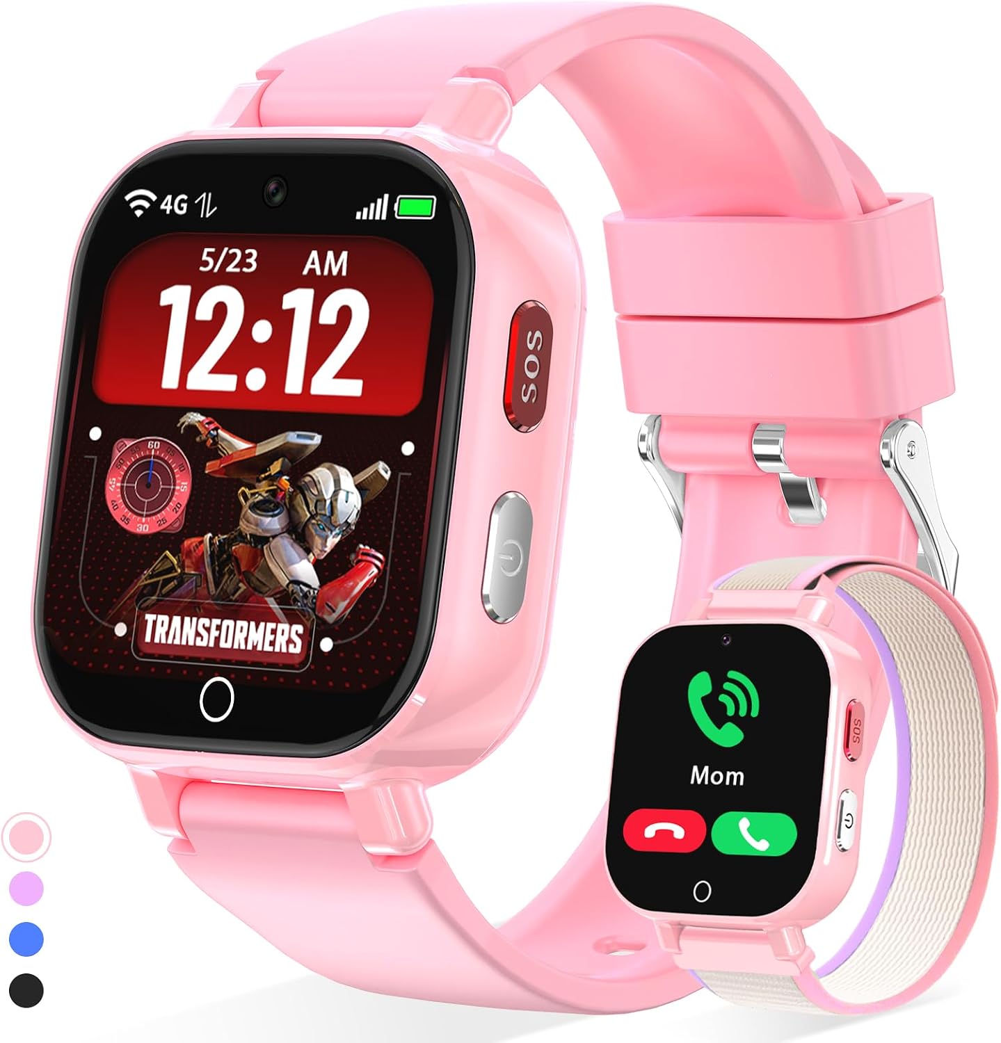 Transformers 4G Kids Smart Watch Phone, GPS, Video Call, Waterproof - Pink | Smartwatch for Boys Girls Ages 4-12, Class Mode, SOS, Camera, Alarm, Touch Screen, Gifts with Bonus Woven Strap & SIM Card
