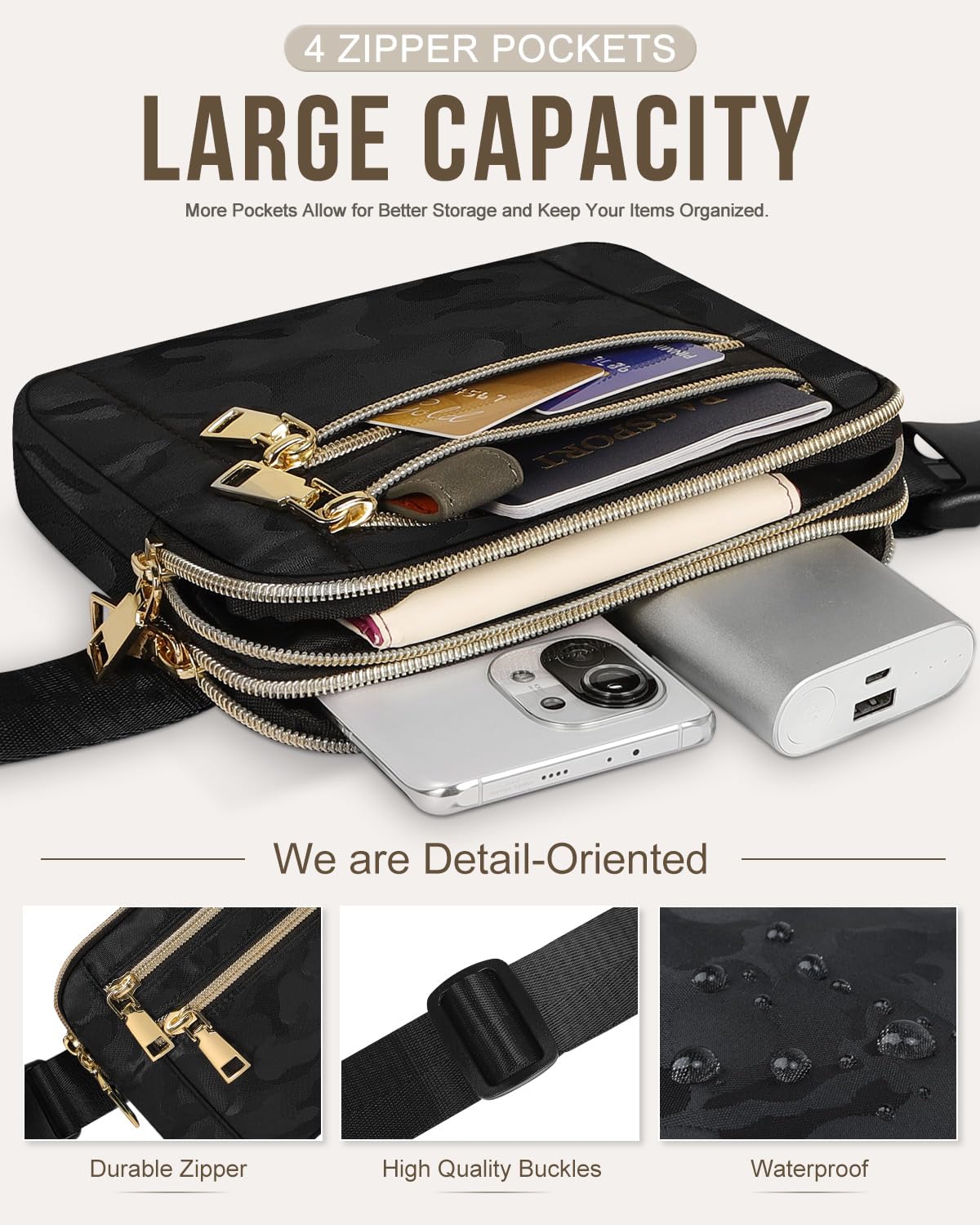 Capolo Fanny Packs for Women Fashion Waist Packs Bag with Adjustable Strap and 4 Zipper Pockets Waterproof Everywhere Crossbody Belt Bag for Workout Running Travelling(Black)