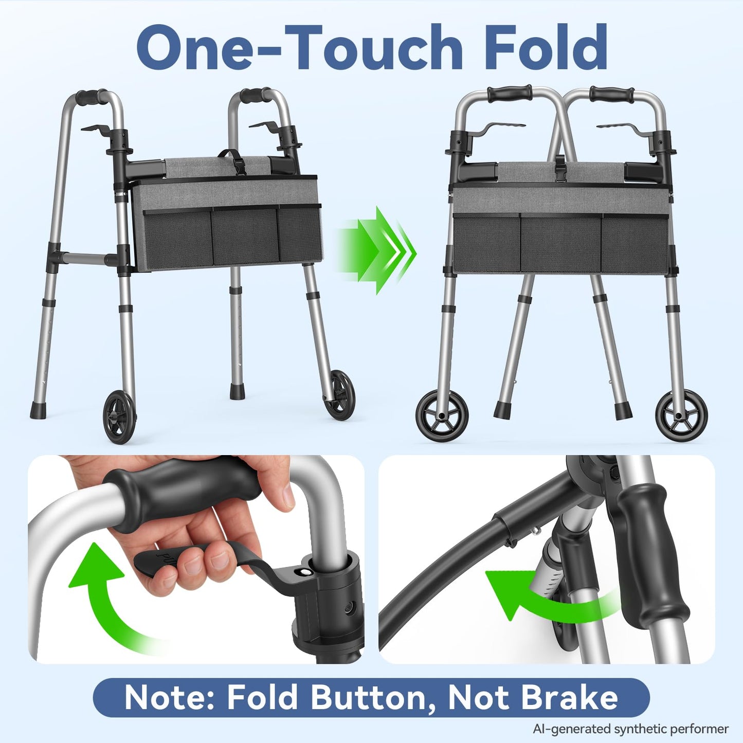 Loyoda Folding Walker with 2 Skis and 5" Wheels, Lightweight Walkers for Seniors and Adults, Supports Up to 350 Pounds, Adjustable Height, Compact Standard Walker, Black