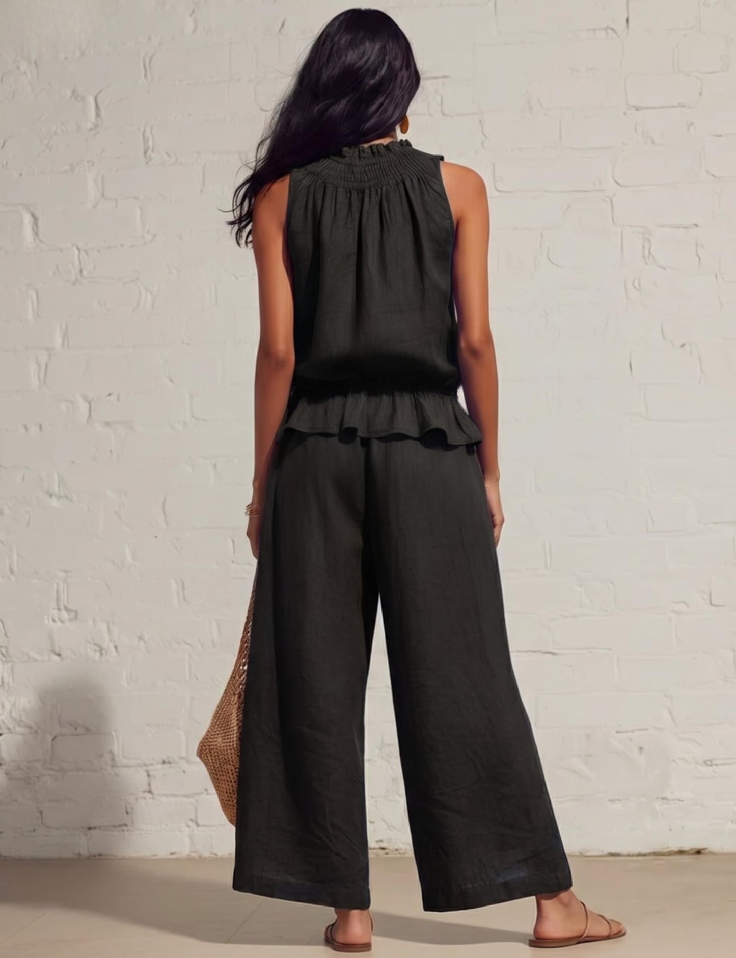 Tanming Women's Linen 2 Piece Outfits Sleeveless Ruffle Top Wide Leg Pants Summer Loungewear Beach Travel Sets