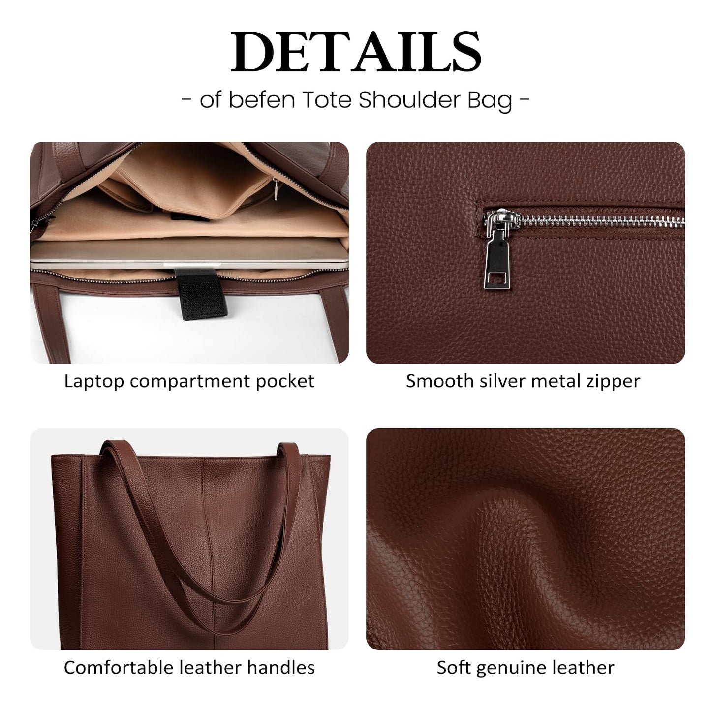 befen Genuine Leather Tote Bag for Women Work, Women's Leather Shoulder Bags Purses Satchel Handbags with Laptop Compartment