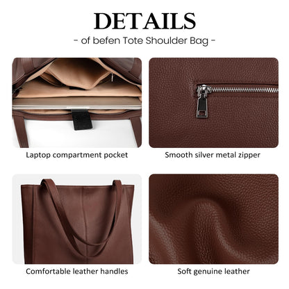befen Genuine Leather Tote Bag for Women Work, Women's Leather Shoulder Bags Purses Satchel Handbags with Laptop Compartment