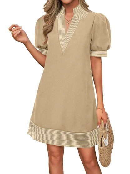 Wenrine Womens Summer V Neck Shift Dresses Casual Puff Short Sleeve Color Block Short Boho Beach Dresses with Pockets