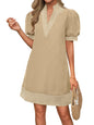 Wenrine Womens Summer V Neck Shift Dresses Casual Puff Short Sleeve Color Block Short Boho Beach Dresses with Pockets