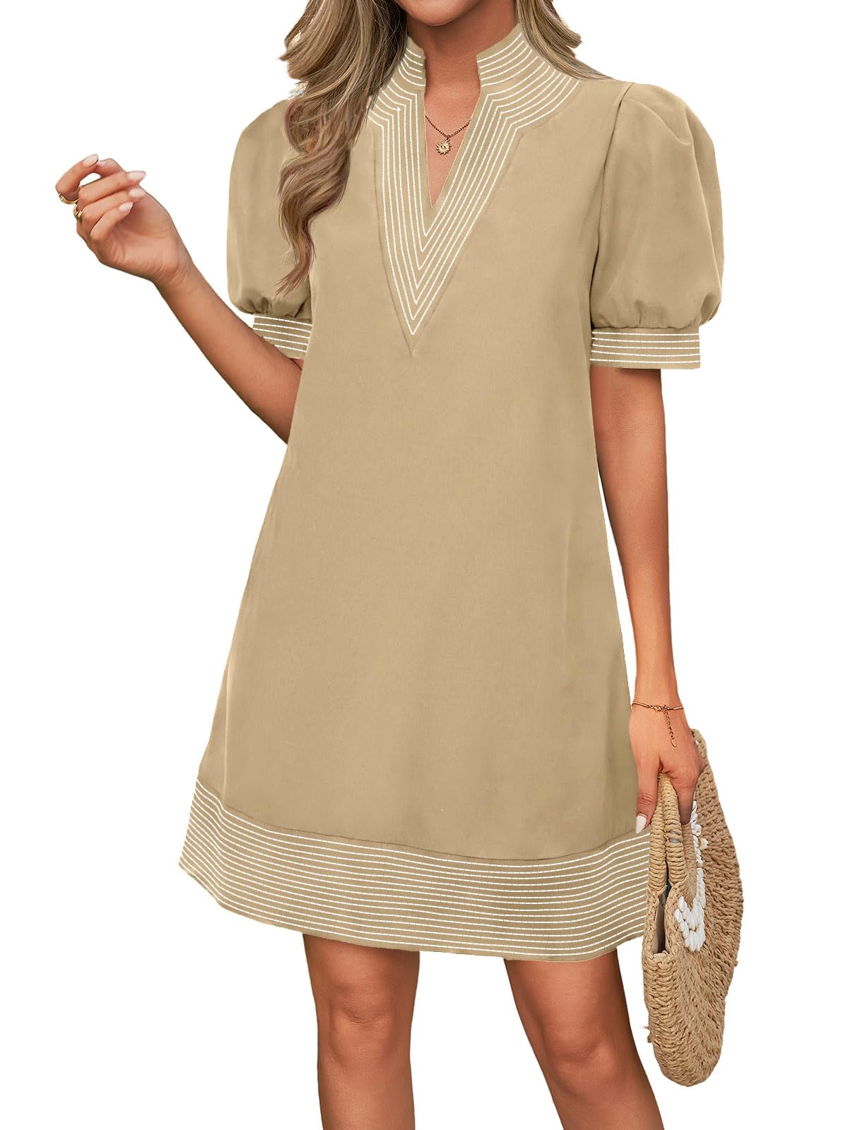 Wenrine Womens Summer V Neck Shift Dresses Casual Puff Short Sleeve Color Block Short Boho Beach Dresses with Pockets
