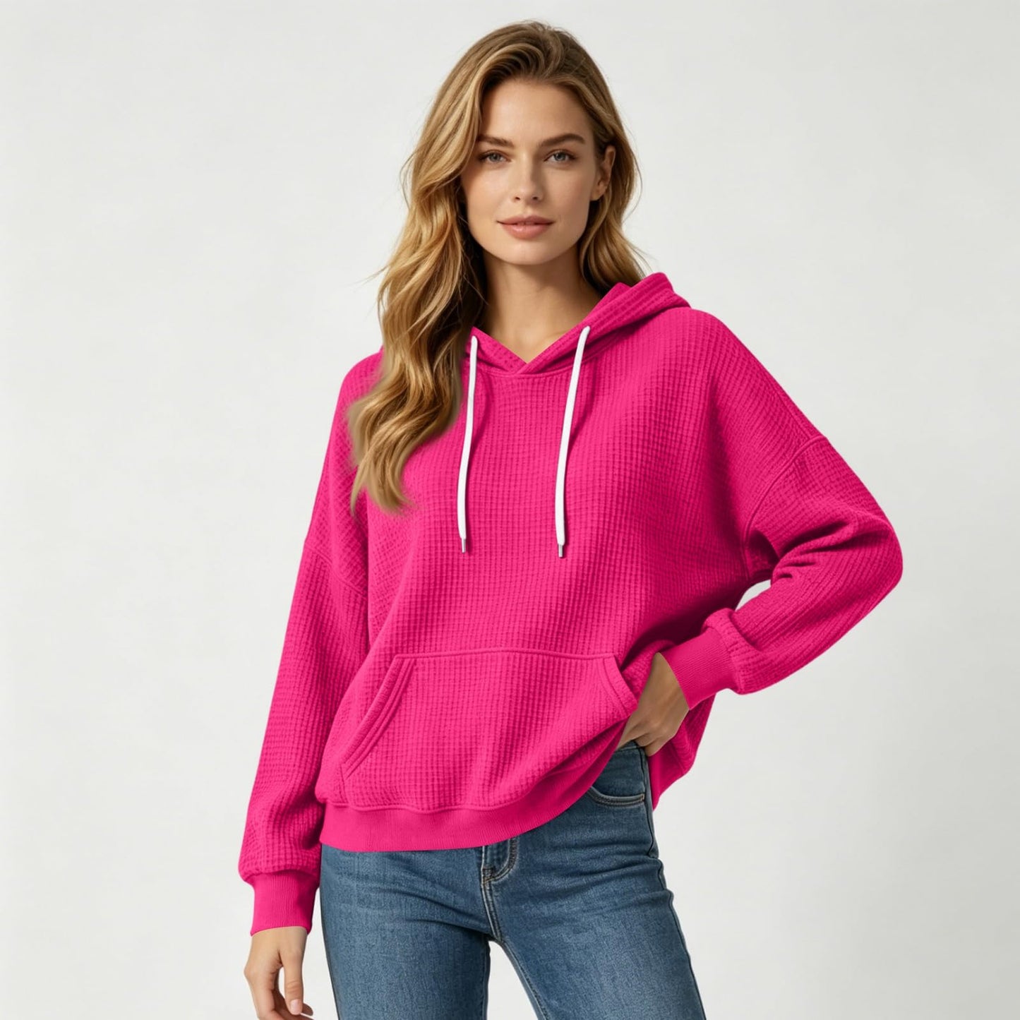 Women Casual Waffle Grid Textured Pullover Hoodie Contrast Drawstring Pocket Loose Long Sleeve Sweatshirts