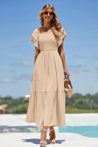 MASCOMODA Womens Summer Casual Midi Dress Square Neck Ruffle Short Sleeve Smocked High Waist A Line Wedding Guest Dresses