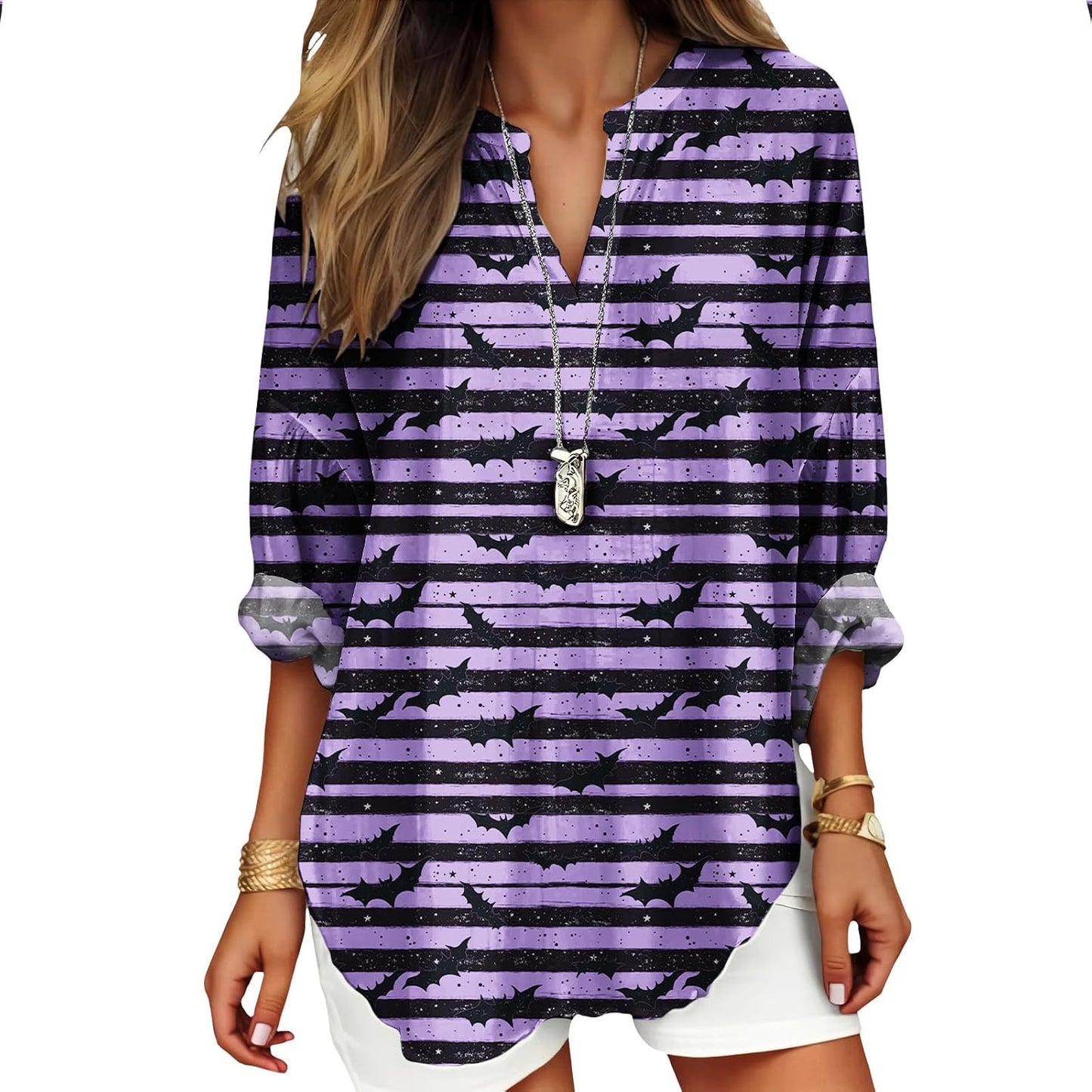 Womens Bohemian Print Tunic Top Cotton Blend V Neck Long Sleeve Loose Fit Casual Blouse for Summer Beach Vacation