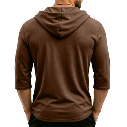 Mens Hooded 3/4 Sleeve Pullover Relaxed Fit Casual Lightweight Comfort Top
