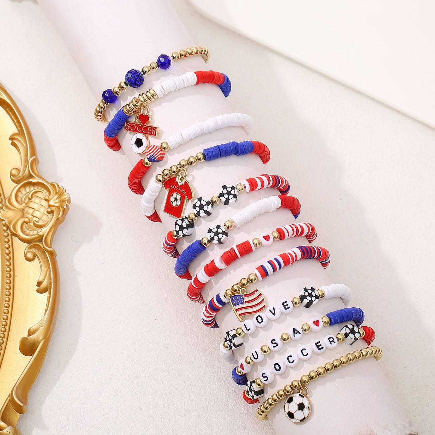 Spiritlele 12pcs World Cup Bracelets Set Red White Blue Clay Bead Wristband Stackable USA Soccer Charm Stretch Bracelet For Women Football Sports Fans Jewelry Gift