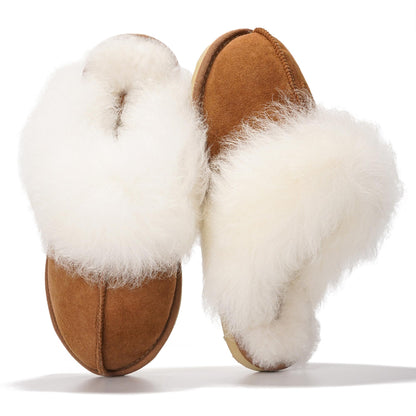 Project Cloud Genuine Leather Slippers for Women with Genuine Fur Lining, Non-Slip Indoor/Outdoor Clog Mule Slippers, Memory Foam Insole