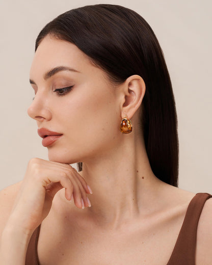 SNGIA Long Oval Chunky Dangle 18K Gold Plated Hoops with Colored Resin Gemstone Statement Earrings for Women, (Green, Brown, Light blue, Dark Blue), Bold Drop Handmade Exaggerated Irregular Trendy Bohemian Jewelry Gifts, Unique Dangling Teardrop Baroque S