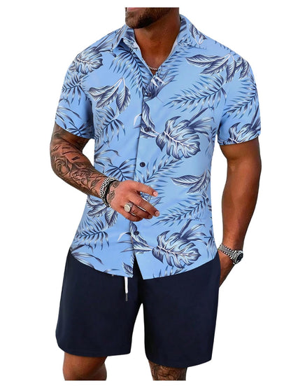 GORGLITTER Men's Vacation Beach Cruise Summer Outfits 2 Piece Shorts Set Hawaiian Button Down Shirt and Shorts