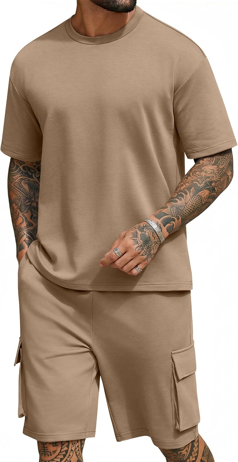 COOFANDY Men's Shirt and Shorts Set 2 Piece Fashion Summer Tracksuits Cotton Oversized T-Shirts Cargo Shorts Outfits