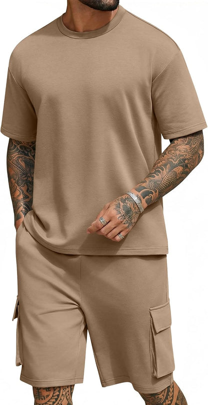 COOFANDY Men's Shirt and Shorts Set 2 Piece Fashion Summer Tracksuits Cotton Oversized T-Shirts Cargo Shorts Outfits