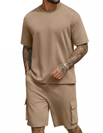 COOFANDY Men's Shirt and Shorts Set 2 Piece Fashion Summer Tracksuits Cotton Oversized T-Shirts Cargo Shorts Outfits